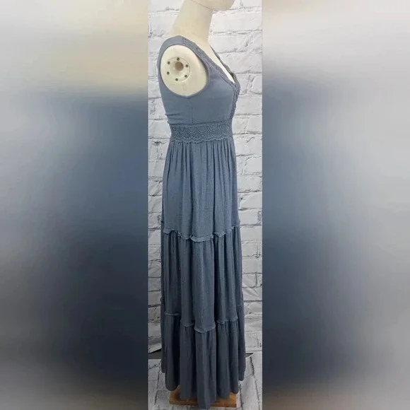 Rebellion Again Ruffled Boho Lace Maxi Dress V-Neck Dark Blue Rayon Y2K Size  XS - Picture 8 of 16